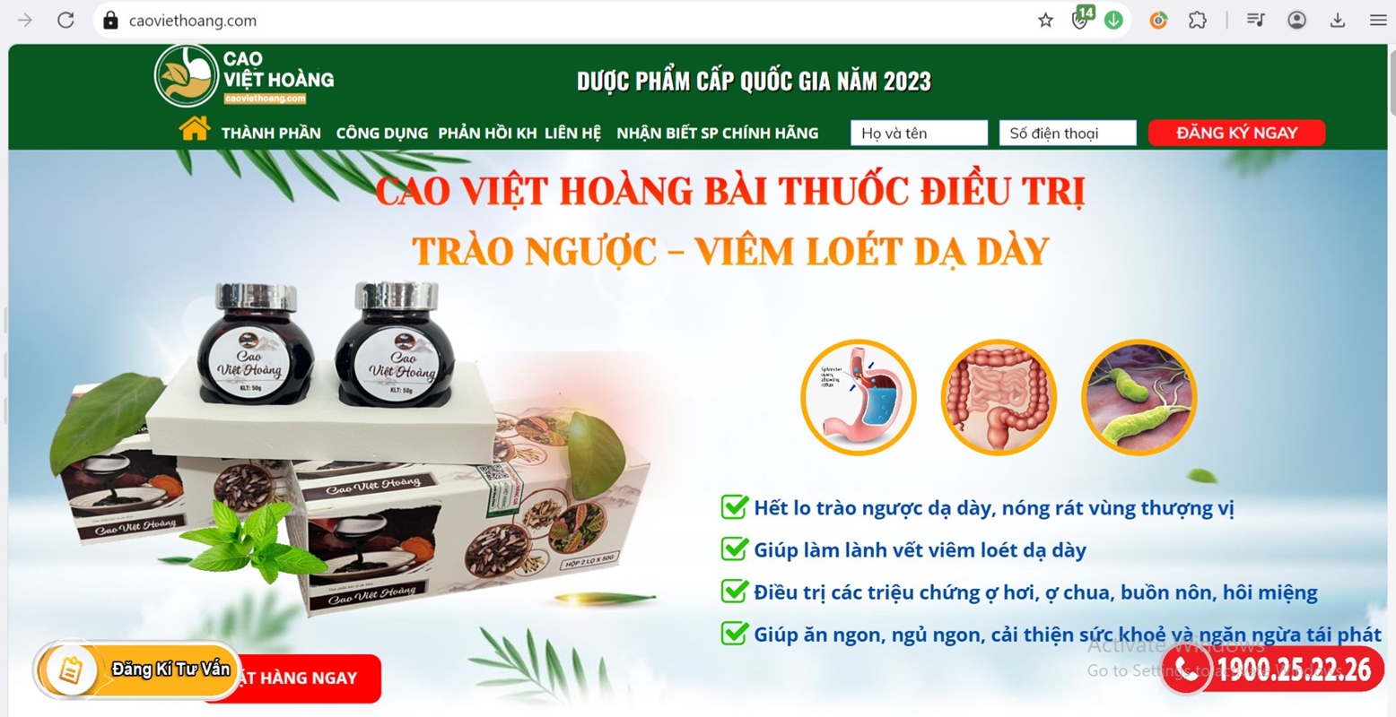 Dạ dày Cao Việt Hoàng quảng cáo sai công dụng, người dùng chớ nhẹ dạ cả tin