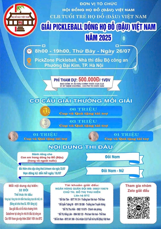 Hướng tới Giải Pickleball họ Đỗ Đậu Việt Nam lần thứ I - 2025 Cùng nhau kết nối, rèn luyện và phát triển
