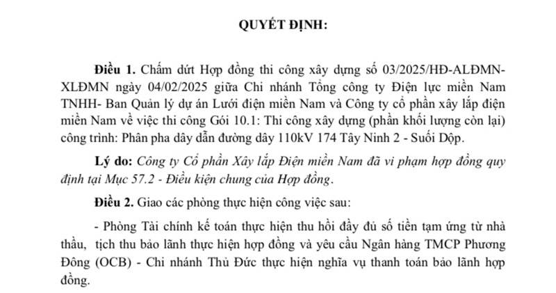 Xây lắp Điện miền Nam liên tục bị chấm dứt hợp đồng do vi phạm