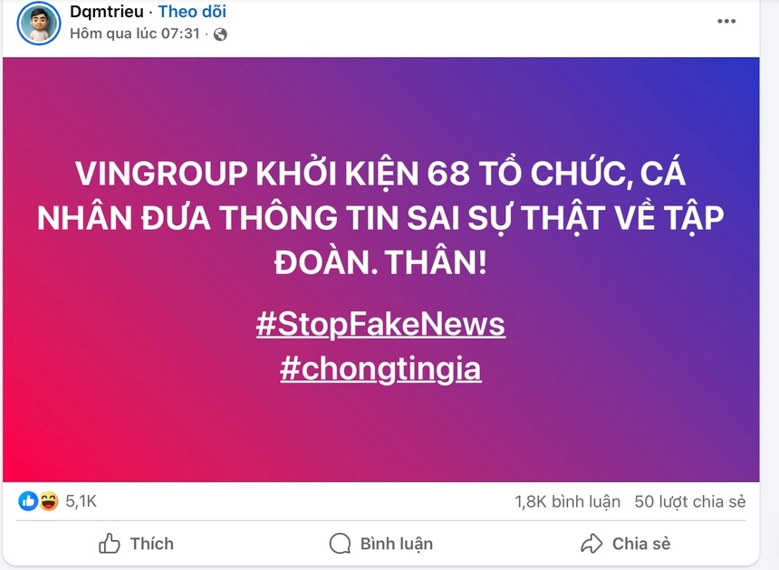 Mạng xã hội dậy sóng trước thông tin Vingroup sẽ khởi kiện 68 tổ chức, cá nhân