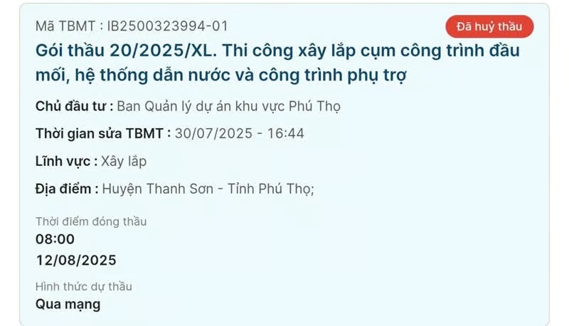 Phú Thọ Hủy thầu gói thầu xây lắp hơn 415 tỷ đồng tại dự án Hồ chứa nước Thục Luyện
