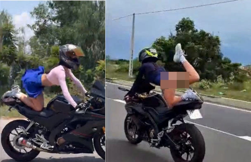 Người phụ nữ nước ngoài làm xiếc trên xe máy ở Khánh Hòa
