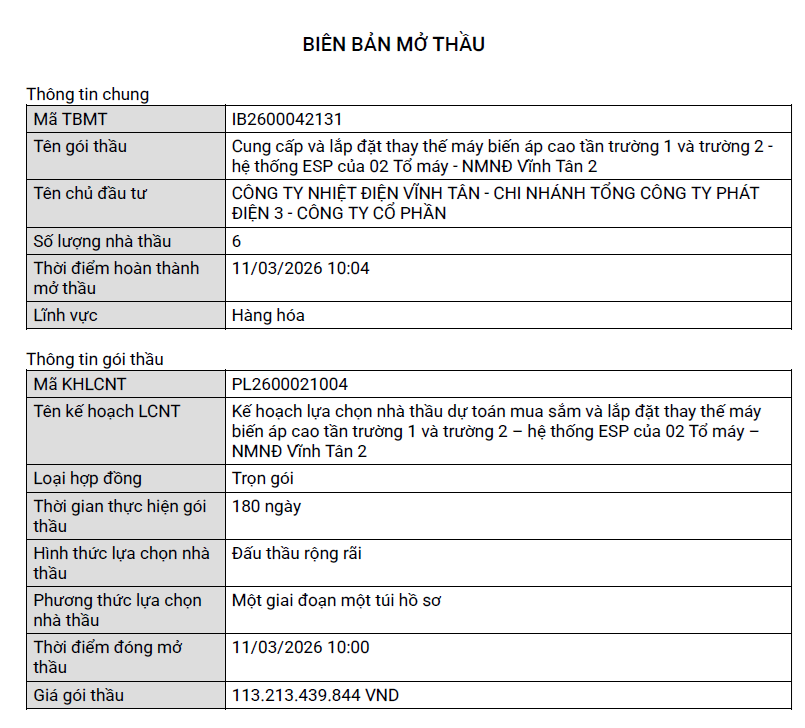 Lý do Nhiệt điện Vĩnh Tân hủy gói thầu hơn 113 tỷ đồng