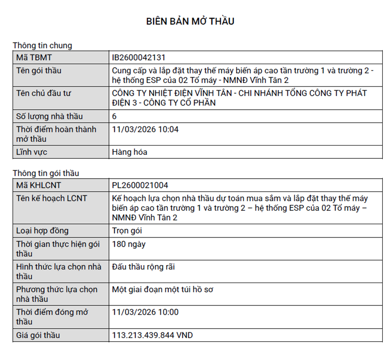Lý do Nhiệt điện Vĩnh Tân hủy gói thầu hơn 113 tỷ đồng